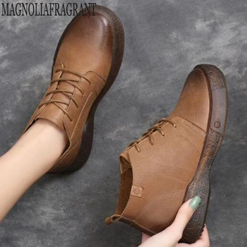

winter Genuine Leather Ankle Boots Lady soft Flat shoes comfortable Casual Booties British wind with retro women's shoes y420
