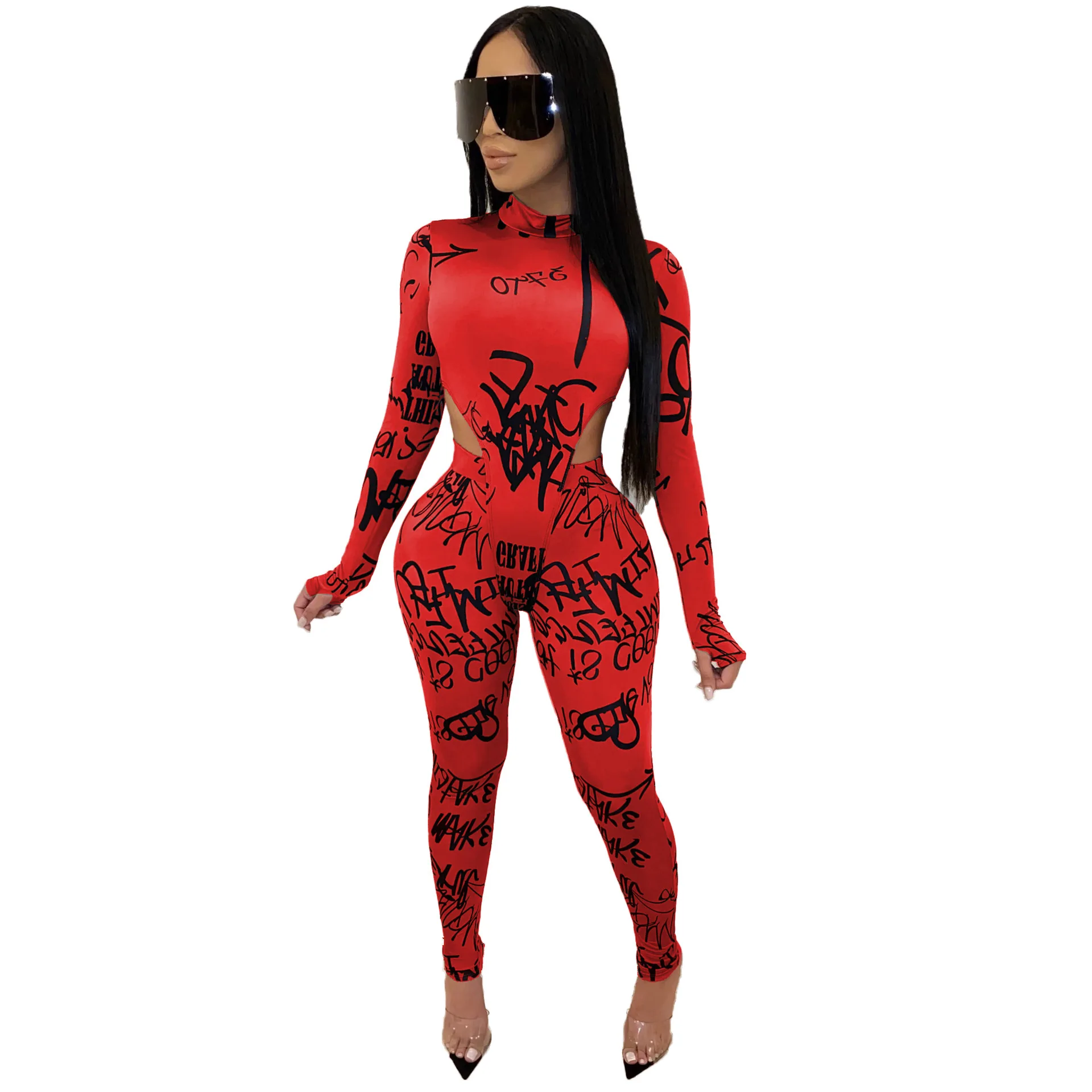 Популярный боди с буквенным принтом+ длинные штаны, комплект из 2 предметов, обтягивающий Женский комплект из двух предметов с длинным рукавом, женский спортивный костюм - Цвет: Красный
