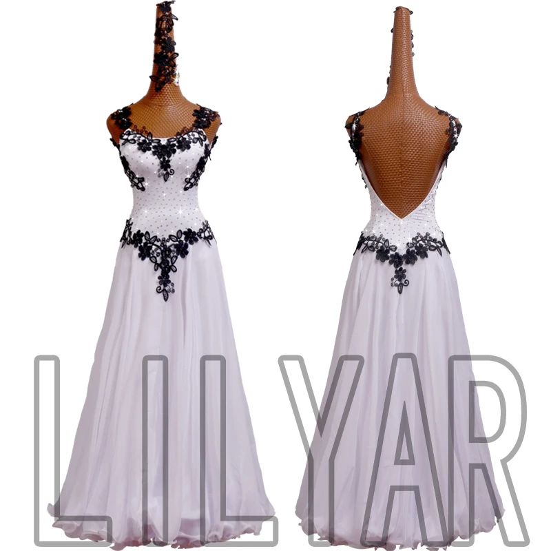 Ballroom Standard Competition Costume Performance Adult White Dance Dress Black Embroidery G