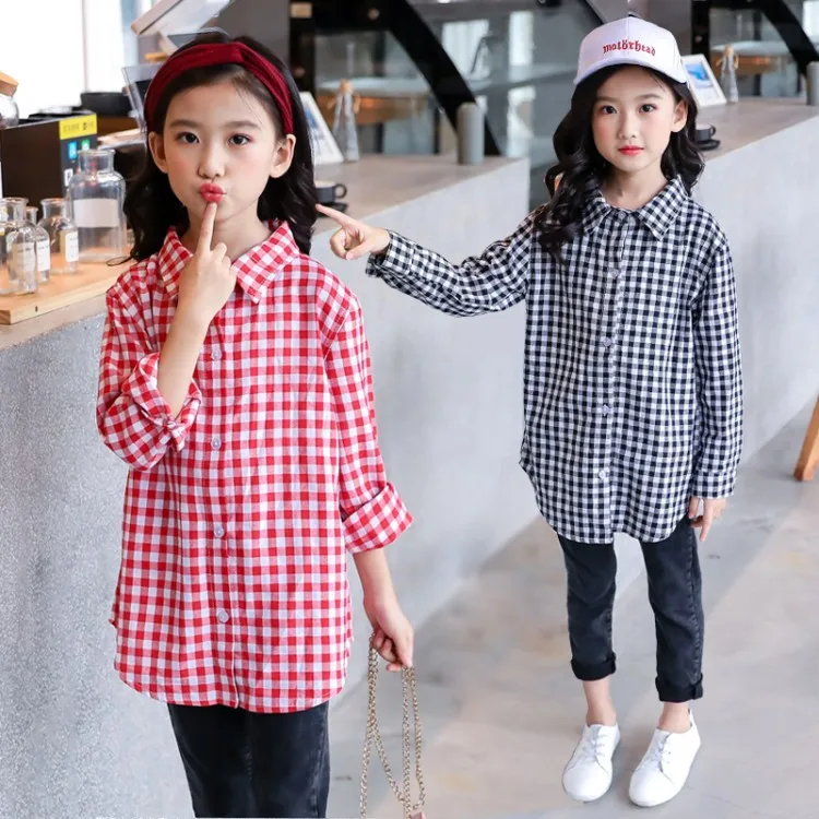 

Girl'S Long-sleeved Shirt 2018 Autumn New Style Children Mid-length Plaid Base Shirt Spring And Autumn Childrenswear