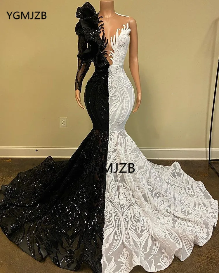 Black and White Prom Dresses One Shoulder Long Sleeveve Mermaid Sequined for Black Girls African Women Formal Evening Gowns