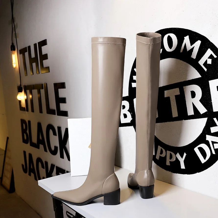 BIGTREE Women Winter High Quality PU Leather Pointed Toe Over Knee Boots Fashion Square Low Heels Booties Woman Shoes