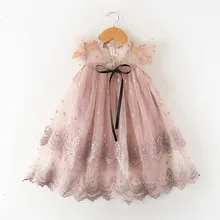 Платье с кружевной отделкой и вышивкой из ленты для девочек; Детские сетчатые платья принцессы с рукавами-лепестками; вечерние и свадебные платья; Милая одежда для детей