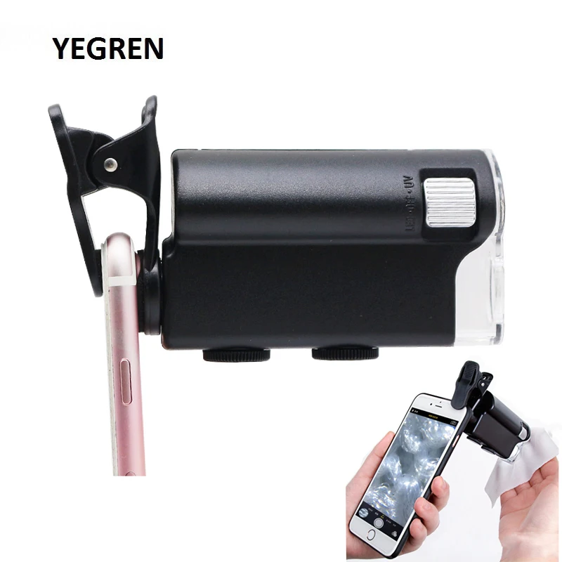 10 pcs/lot Cell Phone Clip-on Microscope 60X-100X Illuminated Monocular Microscope Universal Clip Magnifying Glass LED UV Lamp