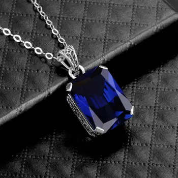

100% Real S925 Sterling Silver Necklace Pendants Classic Stone Square Sapphire Pendant Silver 925 Jewelry For Women Bijoux Femme