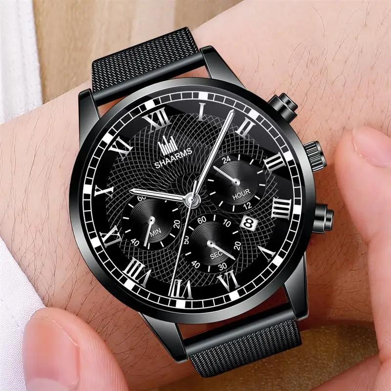 

SHAARMS Men Black Watch Mesh Band Stainless Steel Quartz Wristwatch Man Luxury Business Watches Roman Number Relogio Masculino