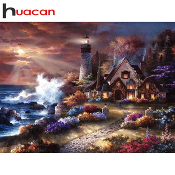 

Huacan Full Square/Round Drill Diamond Painting Kit Seaside Lighthouse 5D DIY Diamond Mosaic Landscape Home Decor Gift