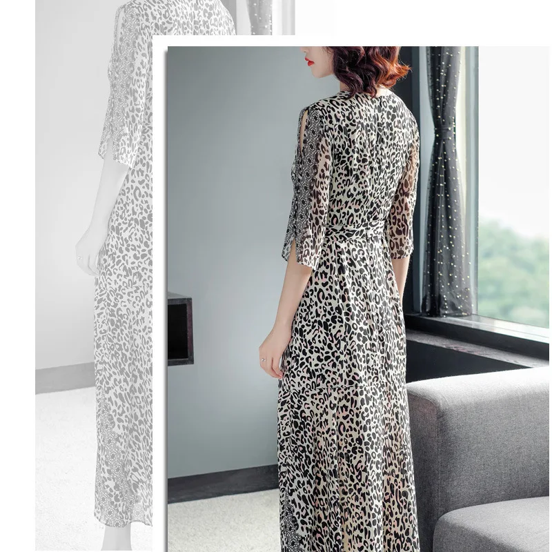 

Fairy Chiffon Maxi Dress Women's 2019 Summer New Style Elegant Waist Hugging Slimming Slit Leopord Pattern Floral Printed Dress