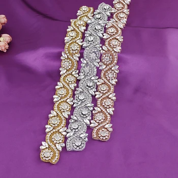 

TOPQUEEN 1 PCS Hand Crystal Bridal Belt Applique Accesorios for Dress Silver Gold Rose Gold Beaded Bridal Belt Applique S164