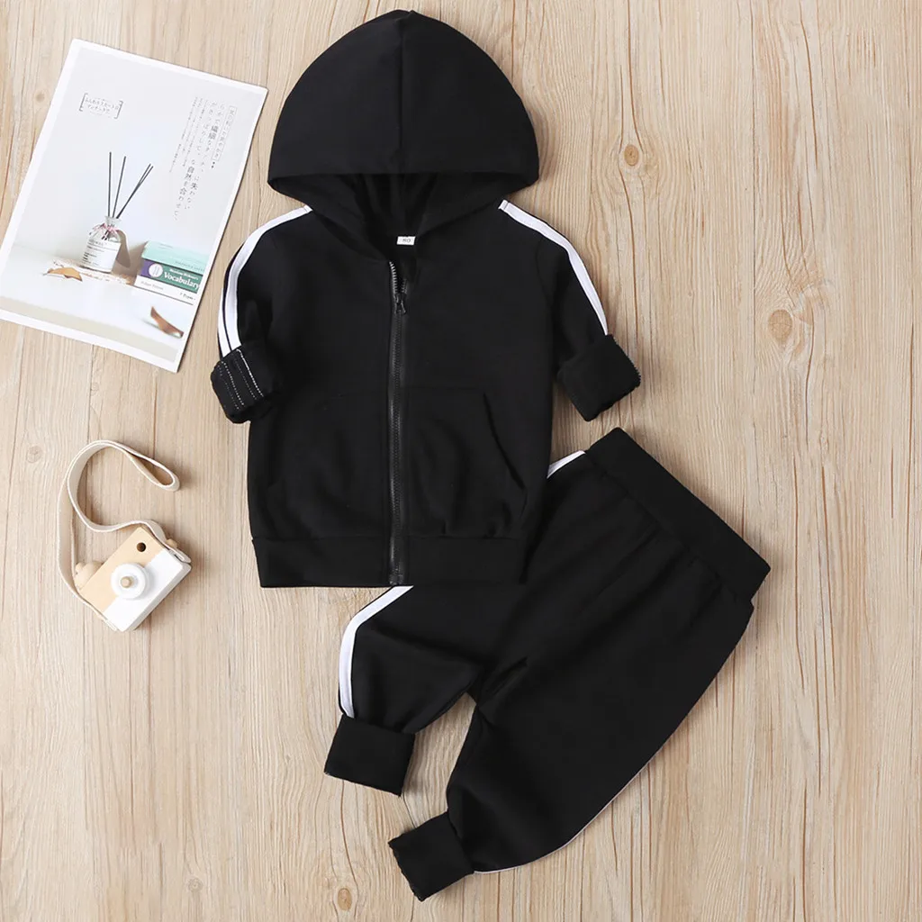 winter autumn fashion baby girl clothes Toddler Baby Boy Hooded Fashion Striped Zipper Coat Tops+Pants Trousers Clothing Set