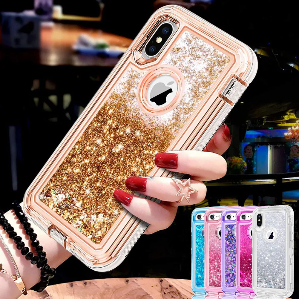 

3 in1 TPU Bling Clear Quicksand Case For Iphone XS Max XR 8 Plus 7 6S 360 Cover Glitter Transparent Liquid Hard Full Protection