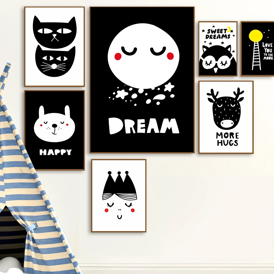 

Cat Owl Deer Rabbit Moon Dream Quotes Nordic Posters And Prints Wall Art Canvas Painting Cartoon Wall Pictures Kids Room Decor