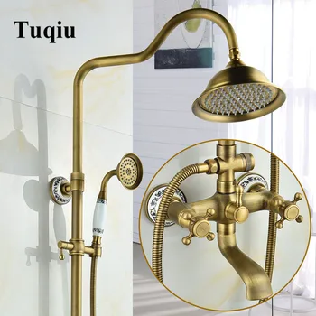 Price Tuqiu Rainfall Shower Sets Faucet Mixer Tap With Tub Faucet Brass Luxury Antique Bronze Bath & Shower Faucet Set Bathtub Faucet
