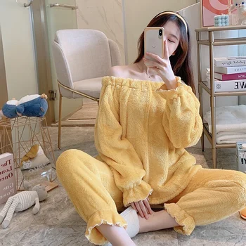 

2020 Winter Sexy Thick Warm Long Sleeve Flannel Pajama Set For Women Coral Velvet Sleepwear Pyjama Homewear Pijama Mujer Clothes