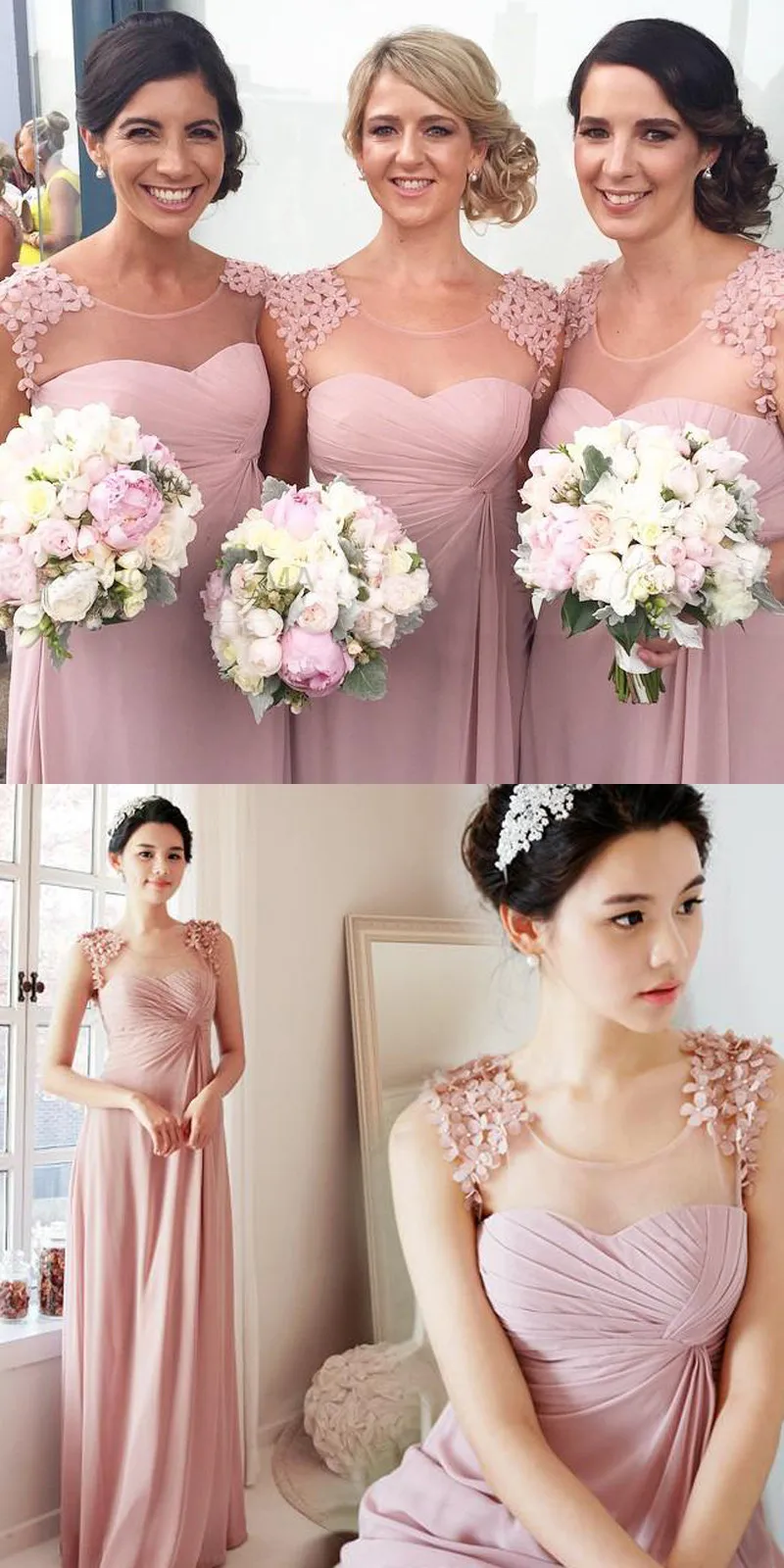 Sexy Scoop Neck A Line Bridesmaid Dresses Flowers Beaded Chiffon Floor Length Maid Of Honor Dress for Wedding Party