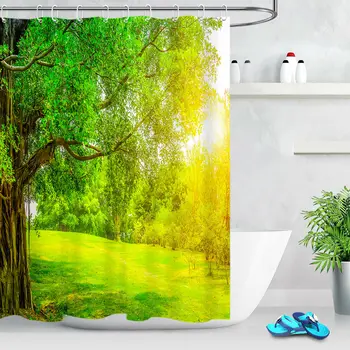 

Waterproof Shower Curtain Hooks Spring Sunny Green Tree Scenery Bathroom Unique