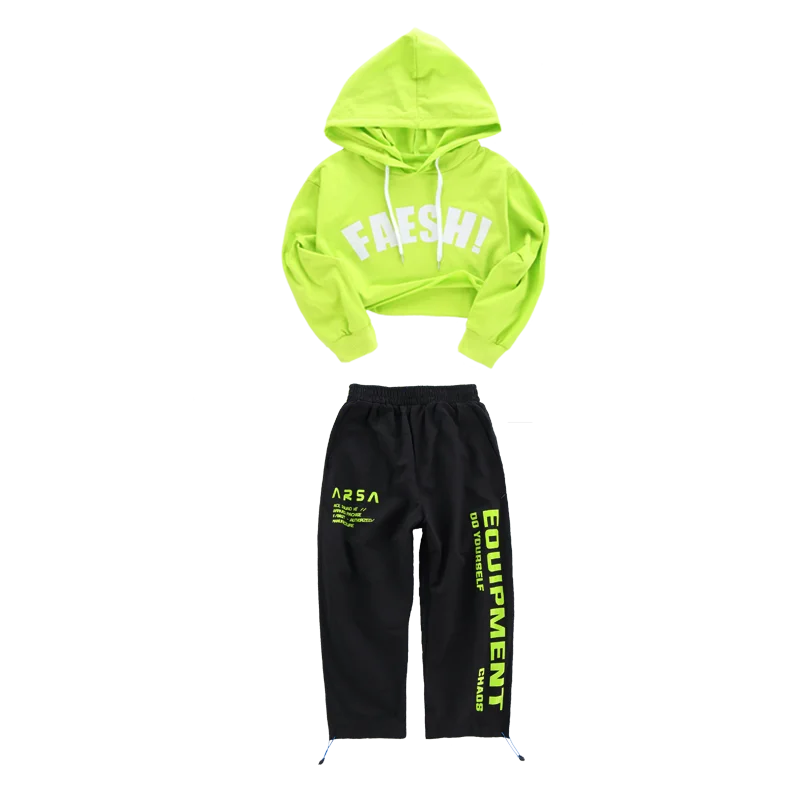 2pcs Детская одежда в стиле хип-хоп для девочек; костюм для джазовых танцев; уличная одежда для бальных танцев; толстовка с капюшоном; штаны для бега; одежда для рейв; SL198 - Цвет: 2pcs