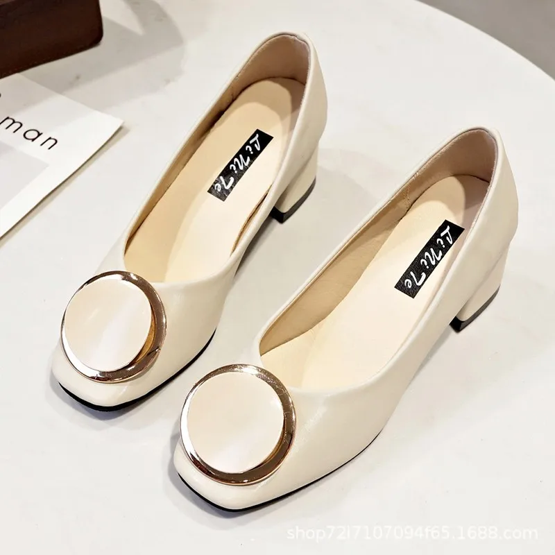 

Shoes Women's Semi-high Heeled Chunky-Heel 2019 New Style Korean-style Versatile round Buckle Low-Cut Soft-Soled Shoes Fairy Win
