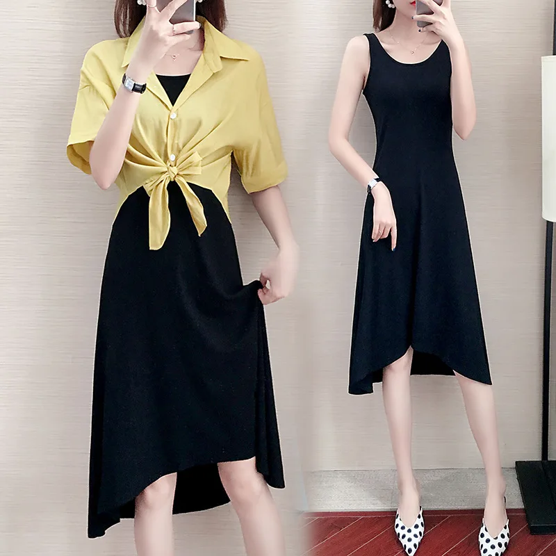 

2019 Summer Wear New Style Korean-style Large Size Dress Fat Mm Plus-sized Fashion Solid Color Slimming Two-Piece Set