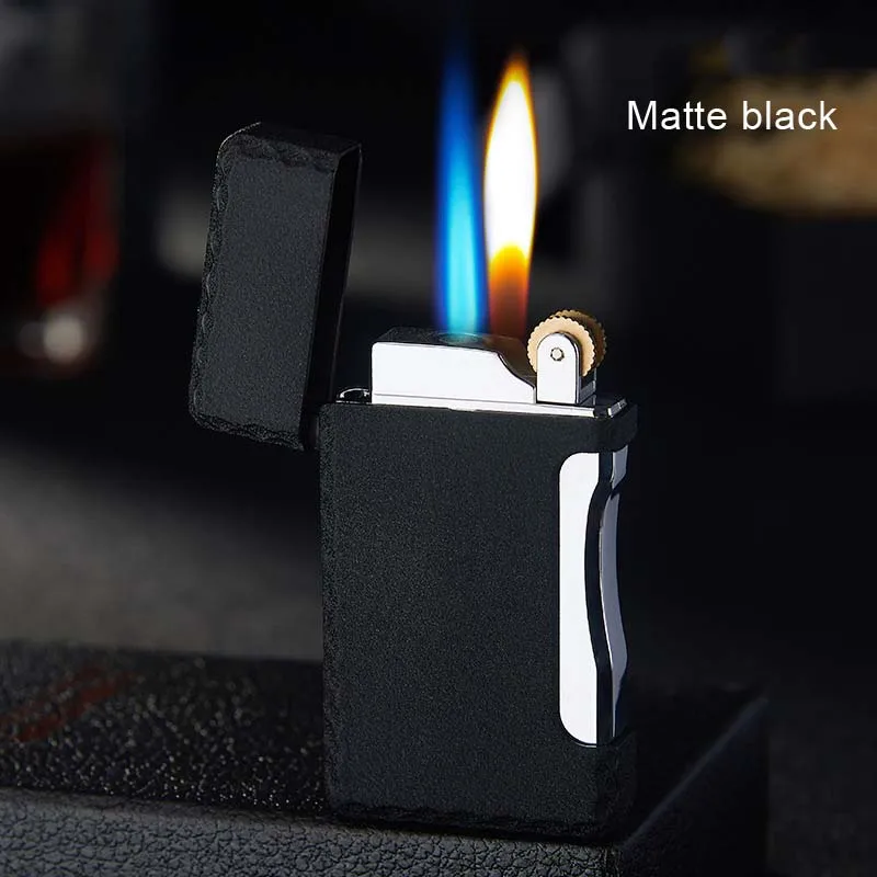 Matte Black Ветрозащитный фонарь, зажигалка с двойным пламенем, прямые газовые зажигалки, металлический шлифовальный круг, зажигалка, аксессуары для сигарет для мужчин, подарки - Цвет: Matte Black