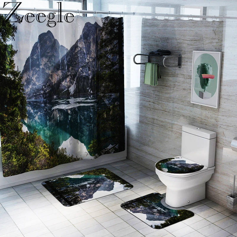 Zeegle Bathroom Floor Mat Bath Mat Shower Curtain Toilet Seat Cover Bath Mat Set Pedestal Toilet Rug Microfiber Bath Foot Mat