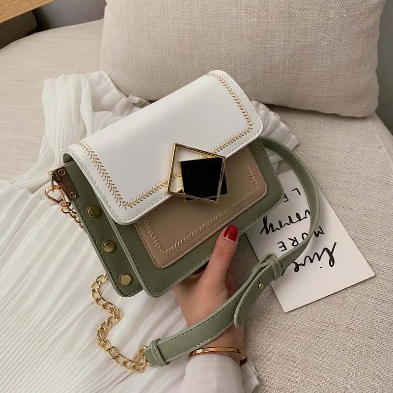 

Personality Contrast Women's Messenger Bags Trend Rivet Chain Crossbody Bags Women Fashion Stitching Design Ladies Shoulder Bag