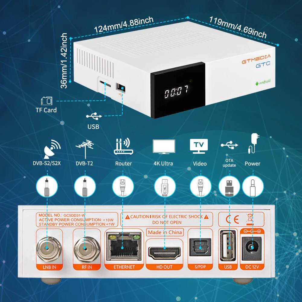 Gtmedia GTC,Android TV Box,Built-in WiFi,Satellite TV Receiver Decoder DVB-S2/T2/C 2GB+16GB,support 3D 4k HD TV Box,ccam Spain 2