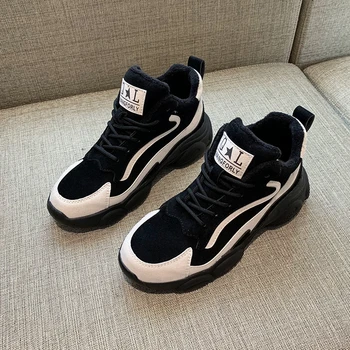 

Women High Top Shoes 2019 Winter Fashion Female Black Flock Basket Keep Warm Brand Casual Shoes Woman Platform Chunky Sneakers