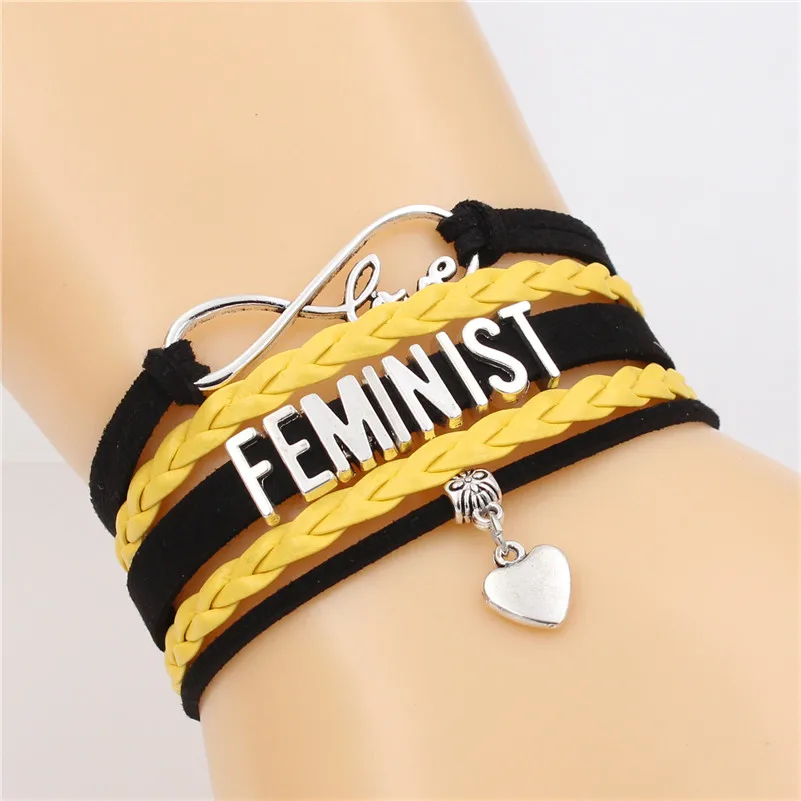 Новые серебряные кожаные браслеты Feminist Infinity Lover Сердце Шарм ручной работы регулируемые браслеты ювелирные изделия для женщин дропшиппинг