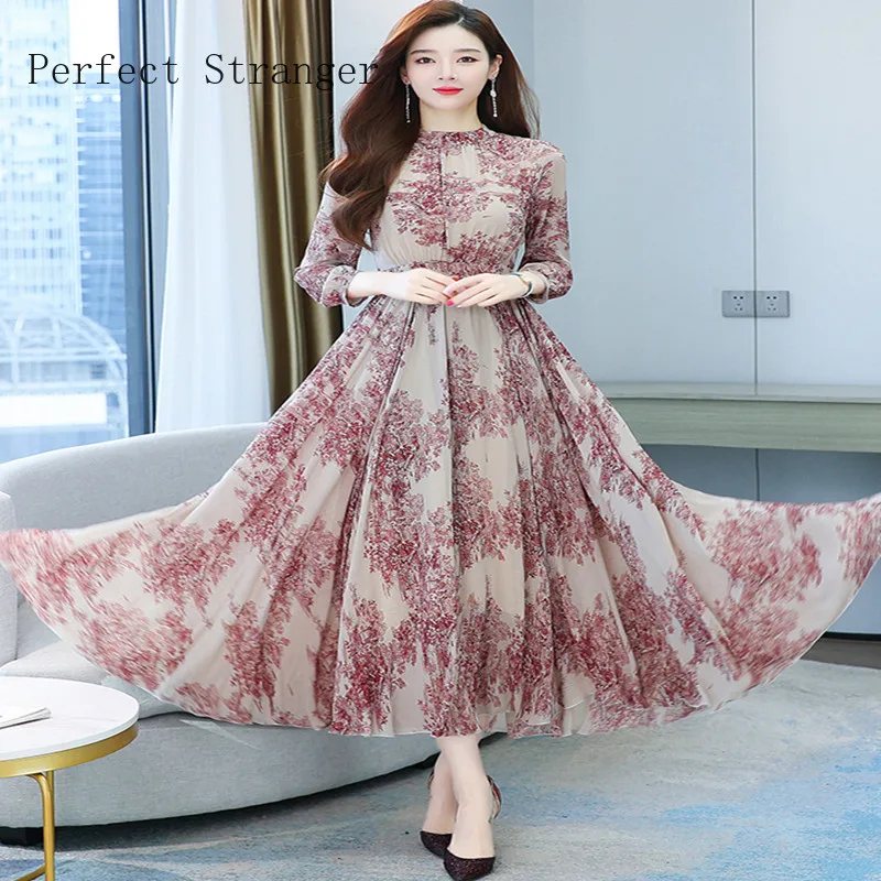 

2022 Spring New Arrival Bohemian Style Stand Collar Flower Printed Long Sleeve Women Chiffon Long Dress Clothing Women