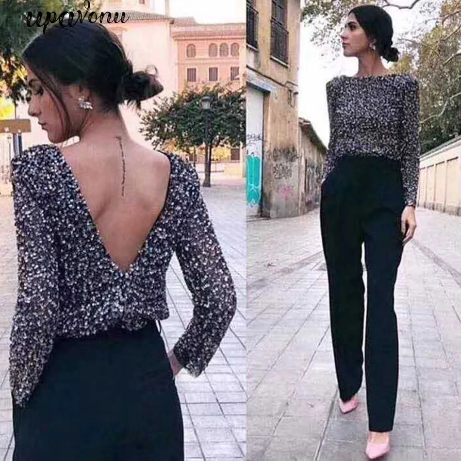 Blusa de lentejuelas brillantes para mujer, camisa con cuello V de manga larga y cuello Halter, Top de pasarela para Club, nueva moda, 2020, envío gratis|Blusa| - AliExpress