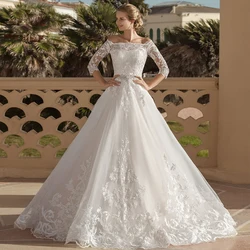 White Luxury Wedding Dress Long Sleeve Lace Ball Gown O-neck 3D Flower Bridal Dresses Court Train Custom Made Wedding Gown
