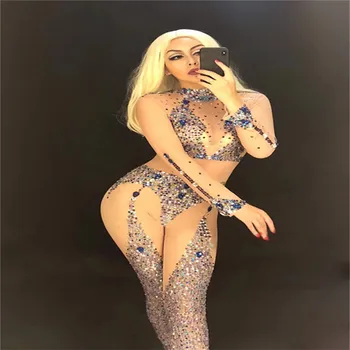 

X29 Female pole dance dress wears mesh rhinestones bodysuit long sleeve drill costume jumpsuit see through perspective siamese