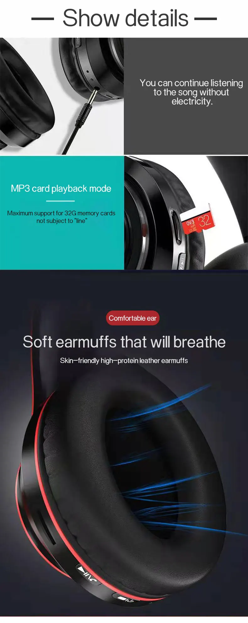 Caridite Hot Sale B3 Bluetooth Headphone Mobile Phone Wireless LED Light Headband Foldable Headset Handsfree Headphone with Mic