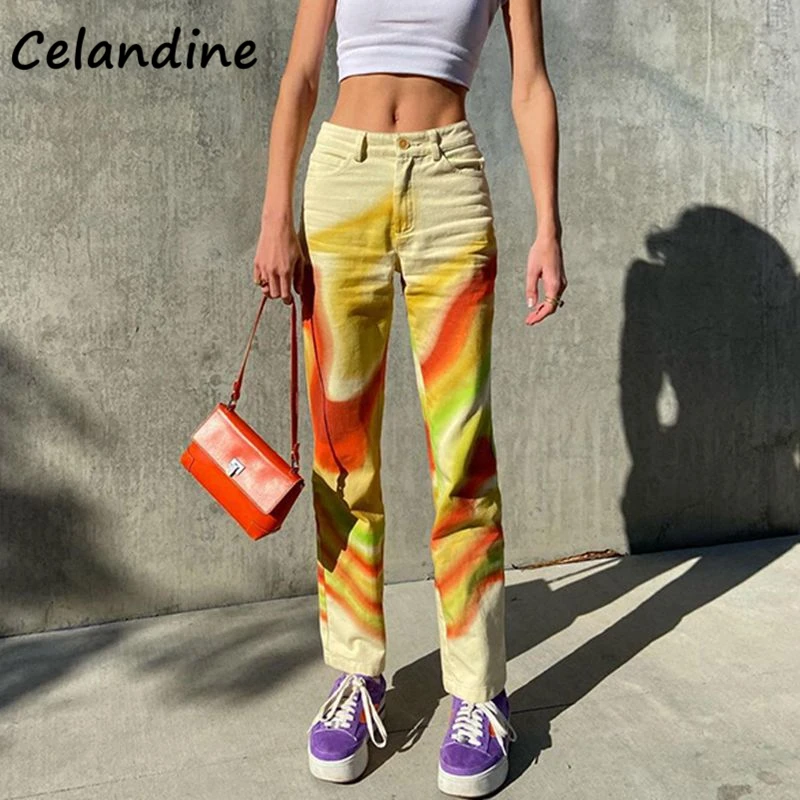 Celandine-pantalones de pierna ancha con tinte dibujo Y2K para mujer, pantalón largo informal, ceñido, Sexy, temporada primavera y verano
