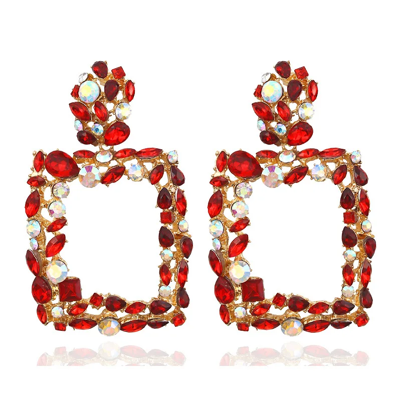 Red Crystal Square Dangle Drop Earrings For Women 2019 Geometric Pendant Statement Earrings