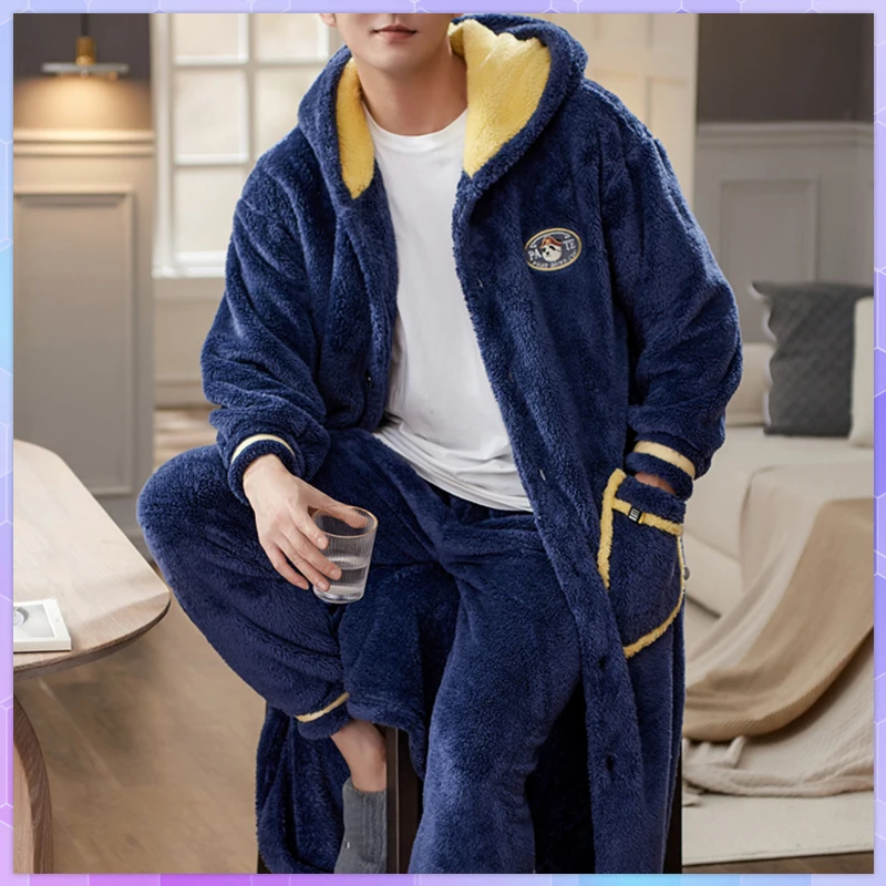 Men's Bathrobe Male Flannel Robe Sets With Hooded Thick Dressing