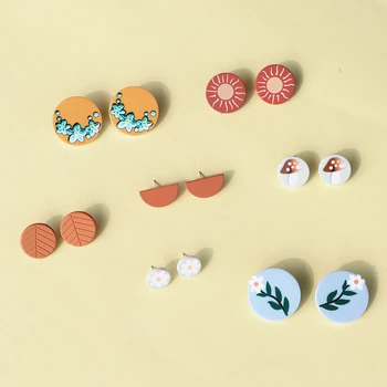 

AOMU 2020 Korea Bohemia Colorful Flower Mushroom Pattern Geometric Round Small Stud Earrings for Women Jewelry