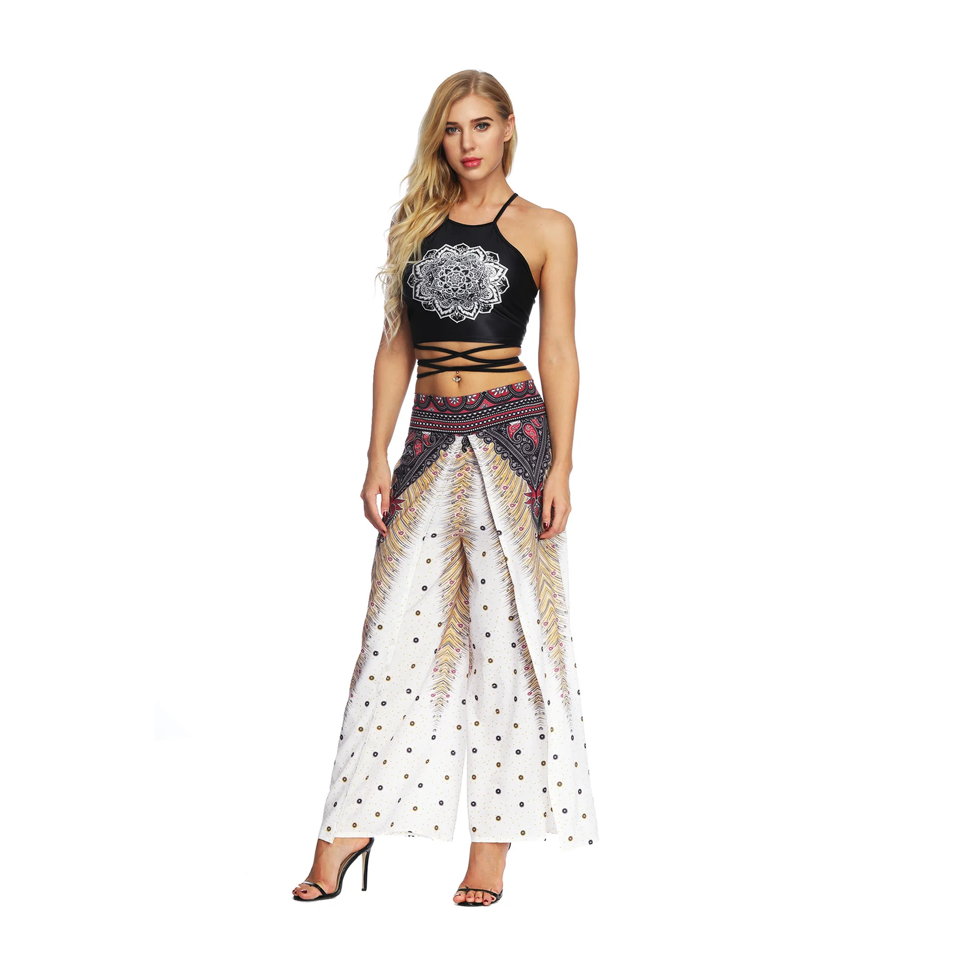 

2019 new fashion national style digital printing high-waisted wide-leg pants Europe and the US loose large size casual yoga pant