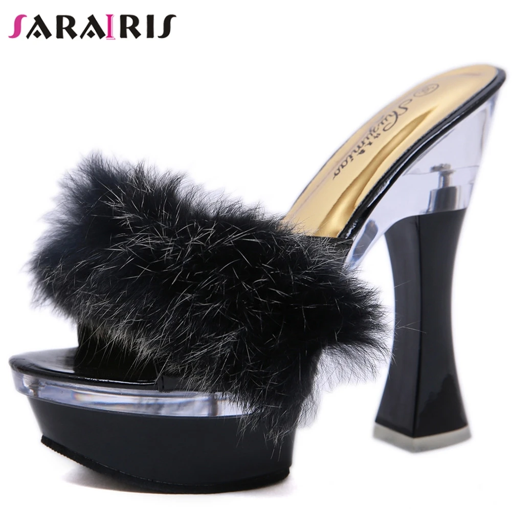 

SARAIRIS Round Toe Block Heels Solid Fur Platform Slippers Women Handmade Casual Slippers Ladies Slip On Shoes