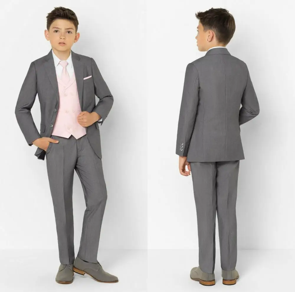 

Grey 2020 Handsome Boys Formal Wear Jacket Pants 2 Pieces Set Suits for Wedding Dinner Children Kids Tuxedos