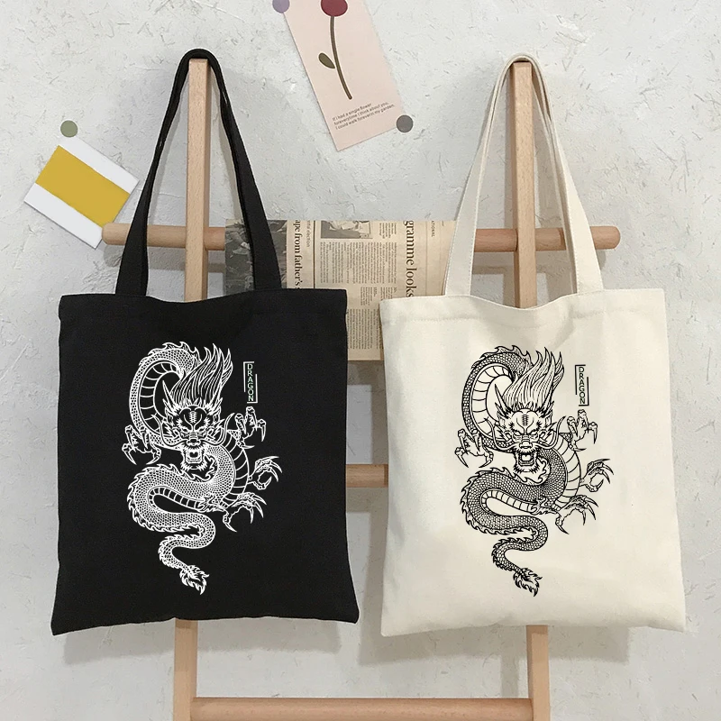 Bolso de lona con estampado de dragón para mujer, bolsa de gran capacidad estilo gótico Punk Harajuku, bolso de hombro clásico