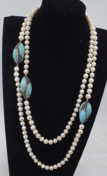 

freshwater pearl white round 8-9mm +green howlite turquoise egg long necklace 120cm wholesale for women xmas gift