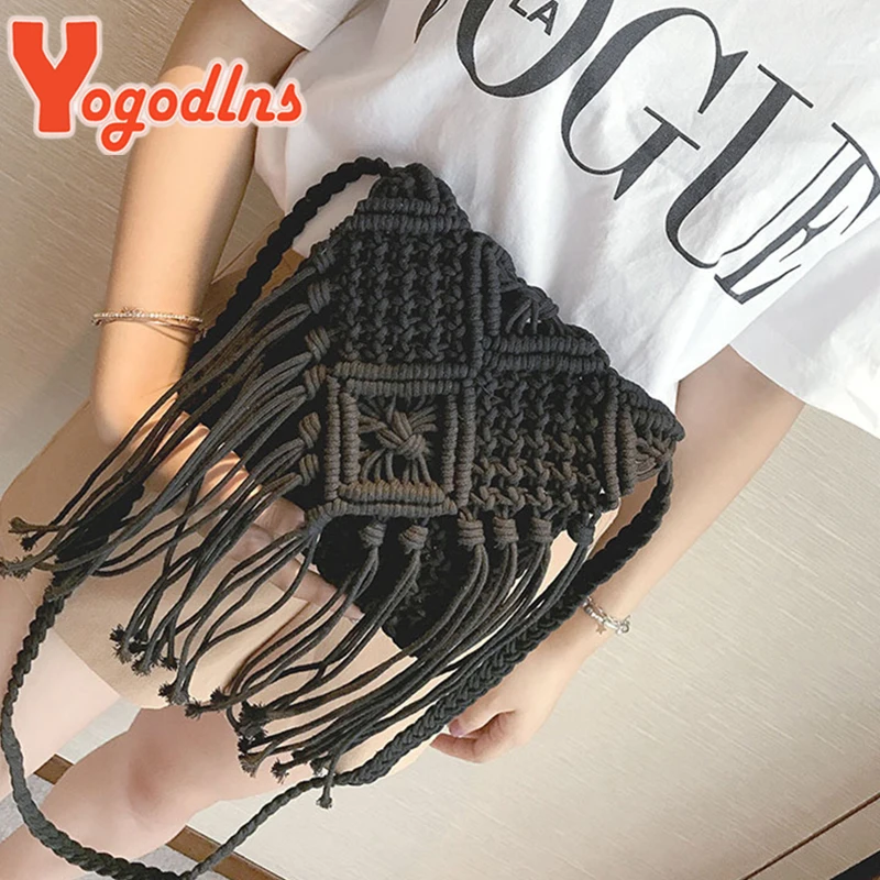 Bohemian Tassel Straw Bag Women Fashion Weave Handmade Crossbod Bag Summer Kintted Beach Handbag Vacation Lady Pouch