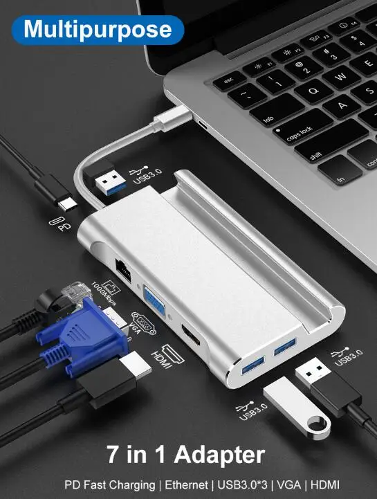 US $47.20 7in1 TypeC To VGA HDMI USB 30 Hub Splitter Adapter