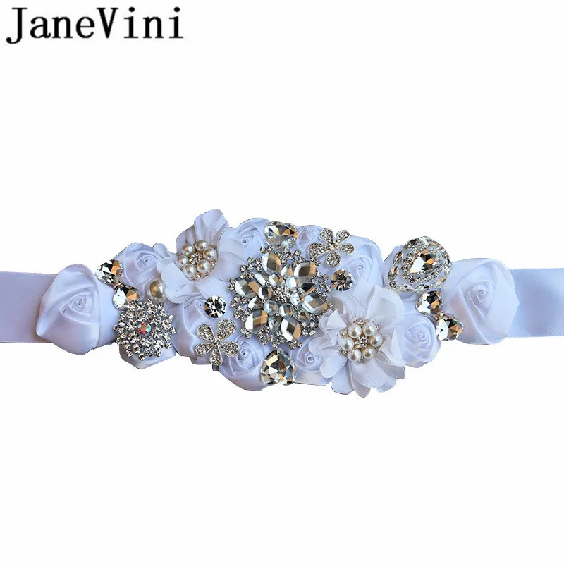 JaneVini Jewelled Rhinestone Belt for Wedding Dress Women Belts Pearl Satin Ribbon Sash Crystal Belt Bridesmaid Bride Waistband