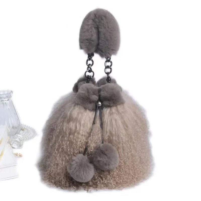 

Women Winter Mongolia Lamb Fur Handbag Casual Warm Female Genuine Lamb Fur Plush Tote Bag Lovely Chain Shoulder Bag