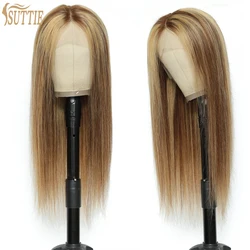 P4/27  Highlight Straight 13x1 T Lace Frontal Wig Front Human Hair Wigs Wig Brown Colored Human Hair Wigs for Women Ombre