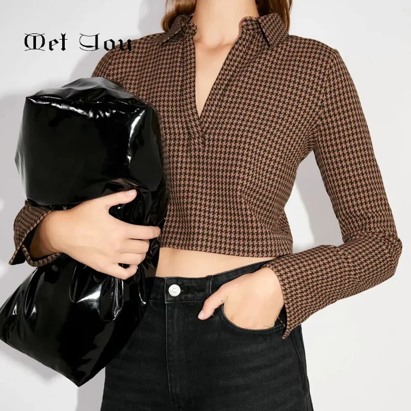 

Za 2020 Women's Houndstooth Check Long Sleeve Cropped Short Top Fall Fashion Lapel Printed Plaid Button Pullover MET031