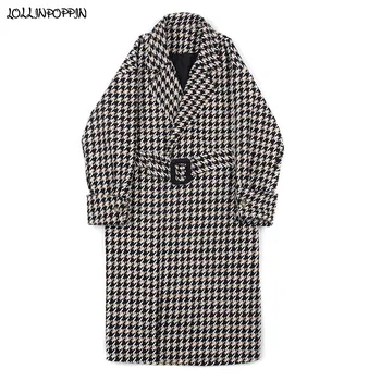 

Men Houndstooth Pattern Long Coat With Belt 2020 Winter Mens Loose Long Style Jacket Notched Lapel British Fashion